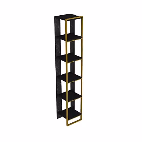 Decorotika Polka Corner Bookcase with Natural Marble Pattern and 5 Tiers in Black, White and Gold, H 178 x W 31 x D 31 cm