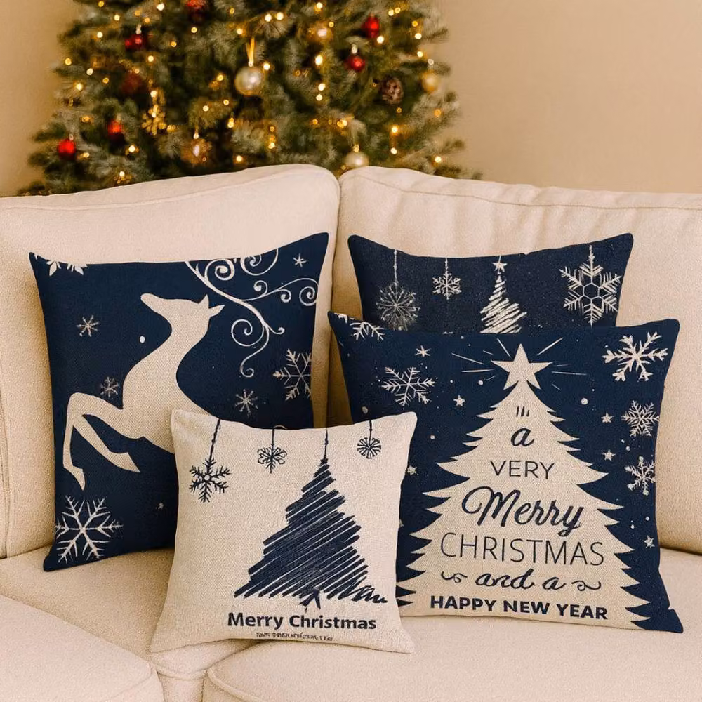 Lovii Christmas Linen Cushion Cover Set in Blue, White and Multicolour, W/D/H: 45 x 45 x 45 cm – 2