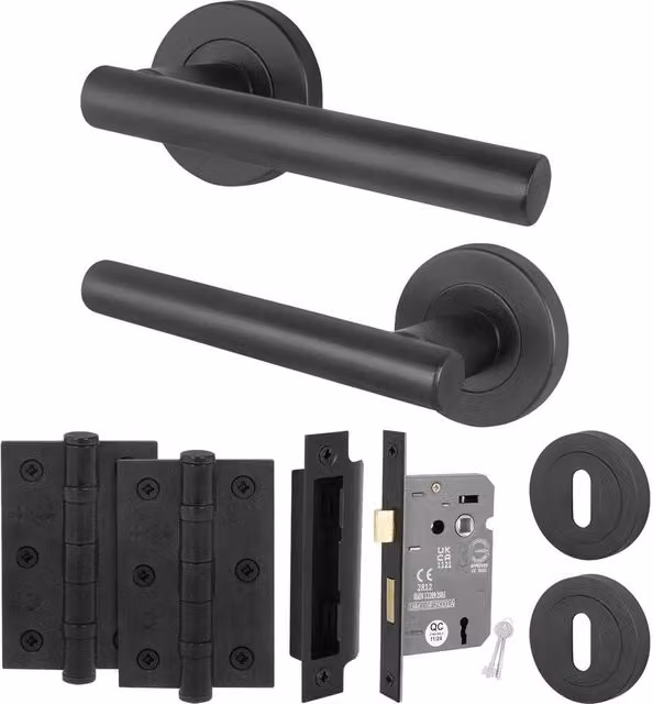 AFIT Black Round Rose Door Handle with Escutcheon, Sashlock and 1 Pair of Hinges, Size: 150 x 150 mm – 1