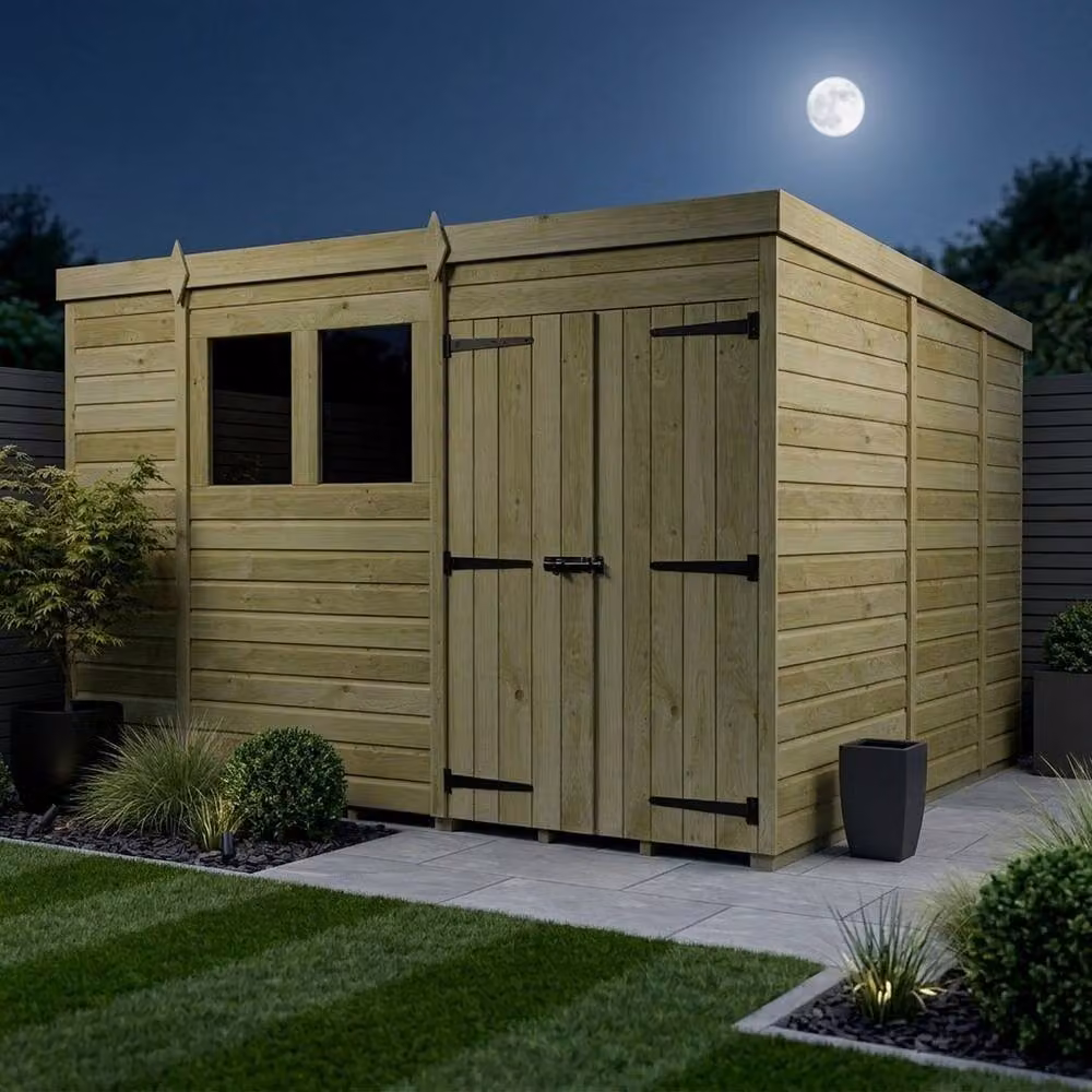 Buttercup Farm Rustic Pent Garden Shed with Double Doors and Windows in Brown Pine Wood W/D/H: 304.8 x 274 x 210 cm – 3