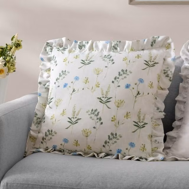 Wylder Floral Ruffle Square Cushion in Blue and White, W/D/H: 50 x 50 x 50 cm