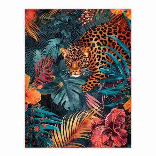 Artery8 Fierce Leopard Exotic Floral Jungle Plants Large Wall Art Poster Print, Multicolour, W: 45.7 cm x H: 61.0 cm – 1