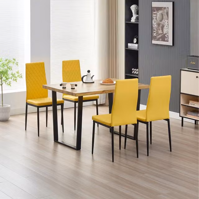 Madefor.living Colorado Rectangular Wood Dining Table with 4 Emily Leather Chairs in Yellow