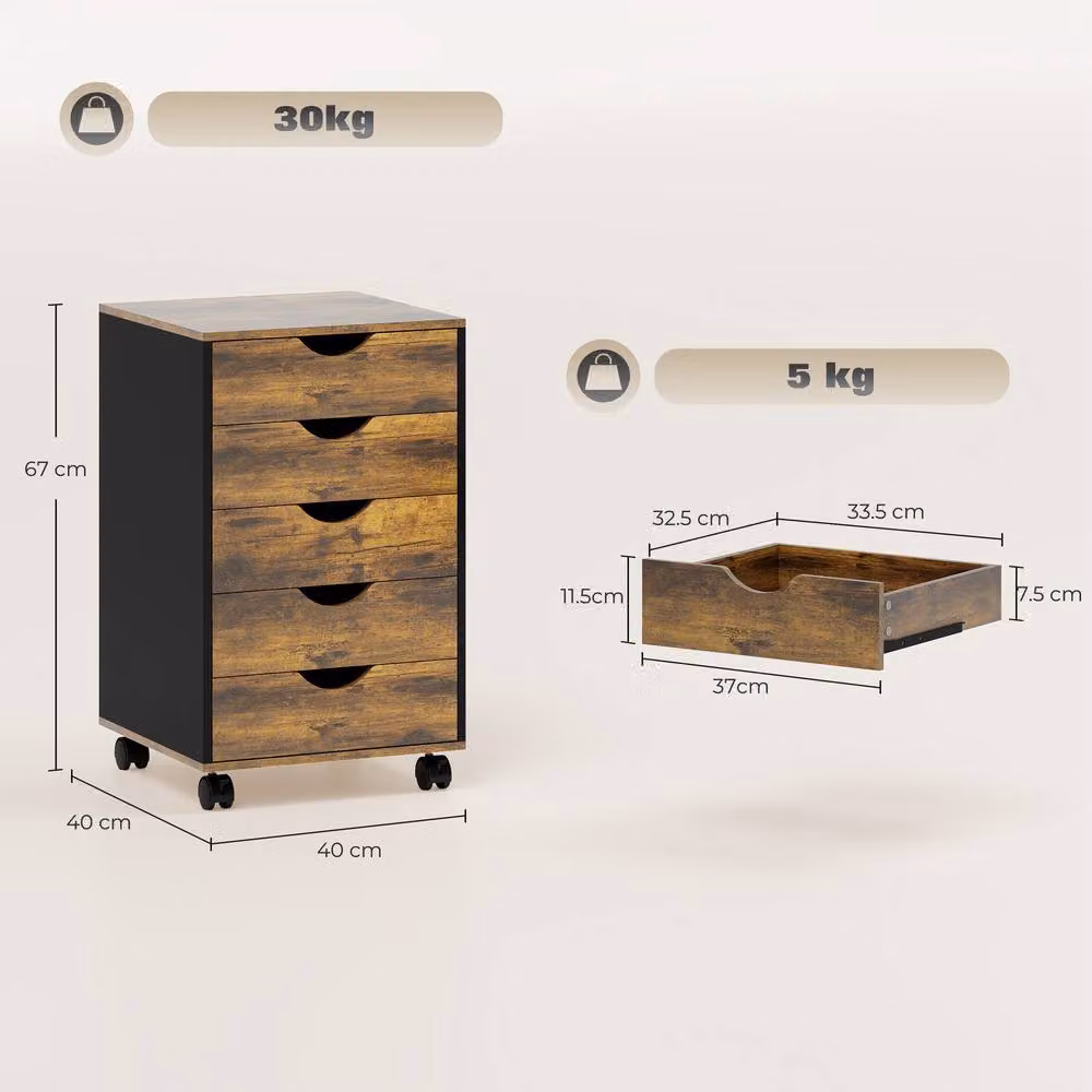 STILVORA Five-Drawer Filing Cabinet with Wheels in Brown – 4
