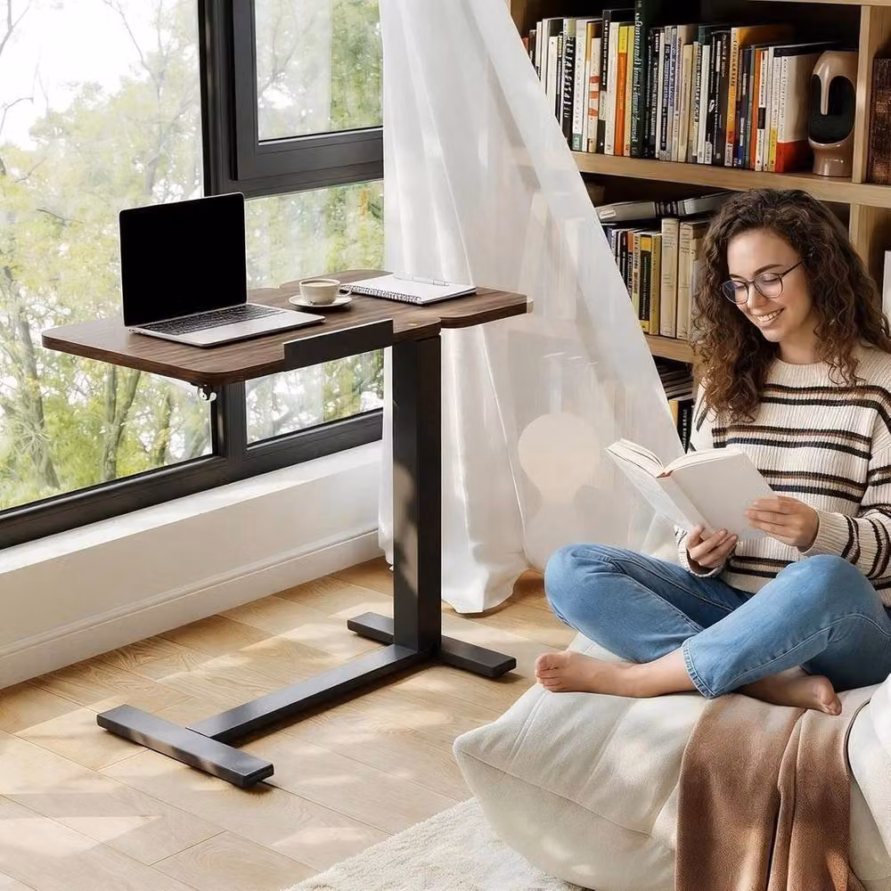 KORVIXA Black Walnut Overbed Table with Adjustable Height and Tilting Top, Brown/Black, W/D/H: 100 x 100 x 100 cm – 3