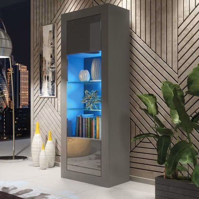 Creative Furniture Illume Display Cabinet in Dark Grey with Glass Doors and Integrated LED Lighting, H 170 x W 63 x D 35 cm