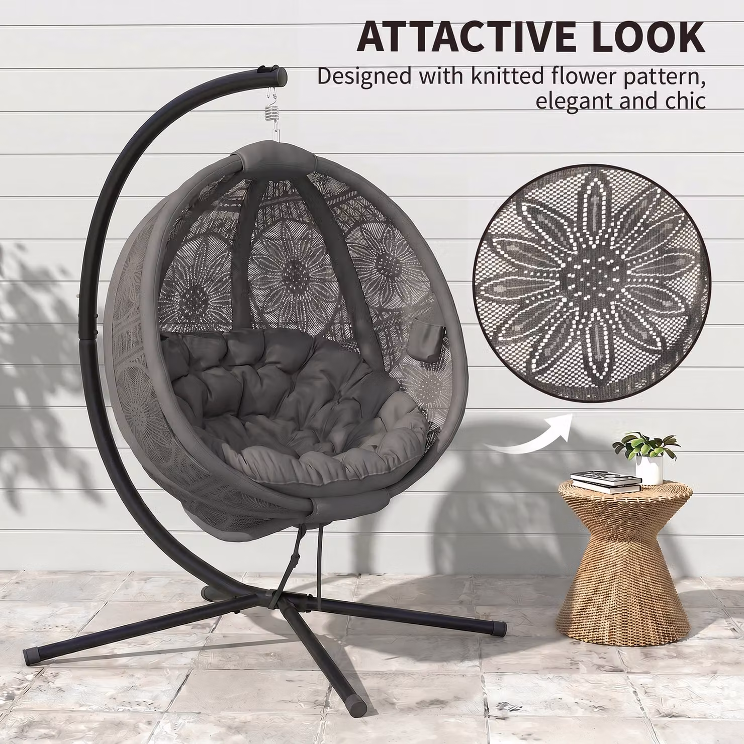 Outsunny Round Egg Basket Lounge Chair with Steel Stand and Cushions, Charcoal Grey – 4
