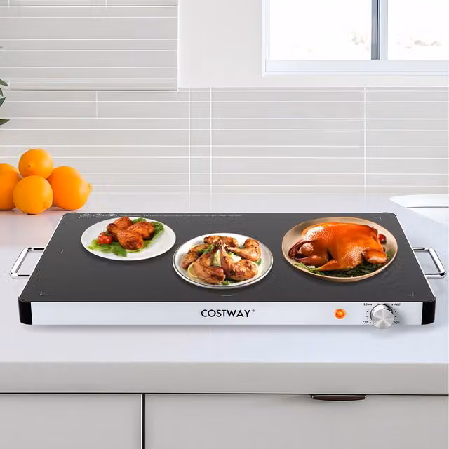 COSTWAY Electric Warming Tray with Glass Surface and Overheat Protection, Black