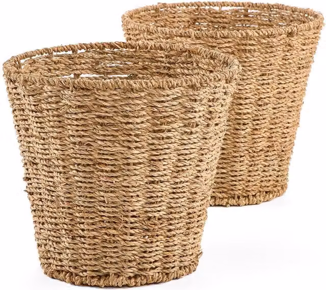 GATARN Set of 2 Handwoven Round Seagrass Wicker Waste Bins in Brown
