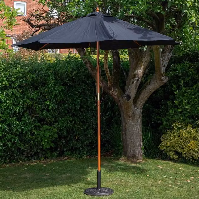 Samuel Alexander Black Wooden Garden Parasol Sun Shade with 9kg Base and Carry Bag, Diameter: 270 cm