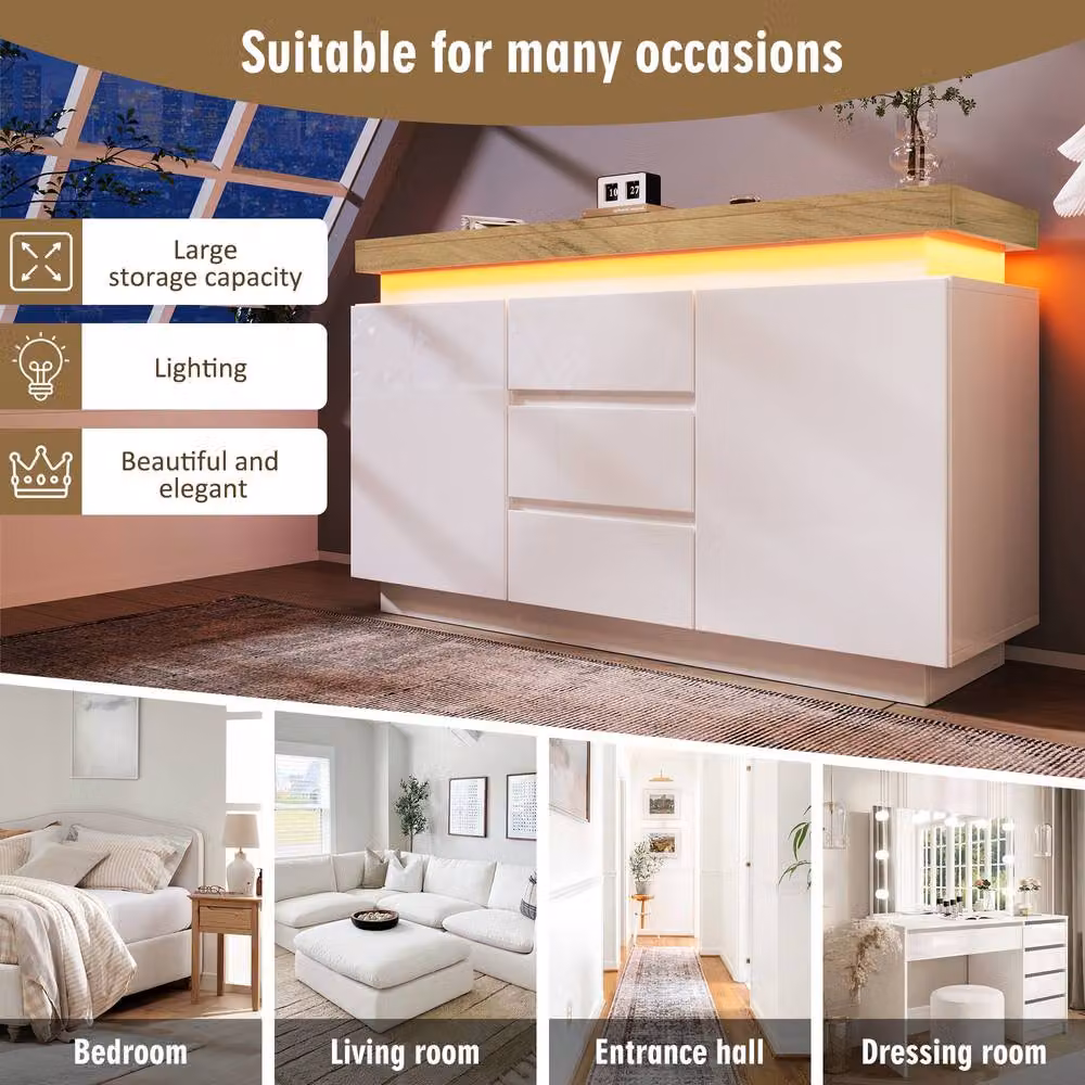 Rolipo White High Gloss Modern Sideboard with Integrated LED Lighting – 4