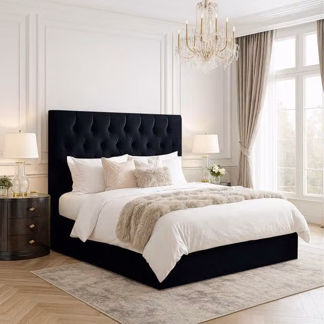 Desire Deco Samara Chesterfield Upholstered Velvet Bed Frame, Black, W x D: 200 x 200 cm