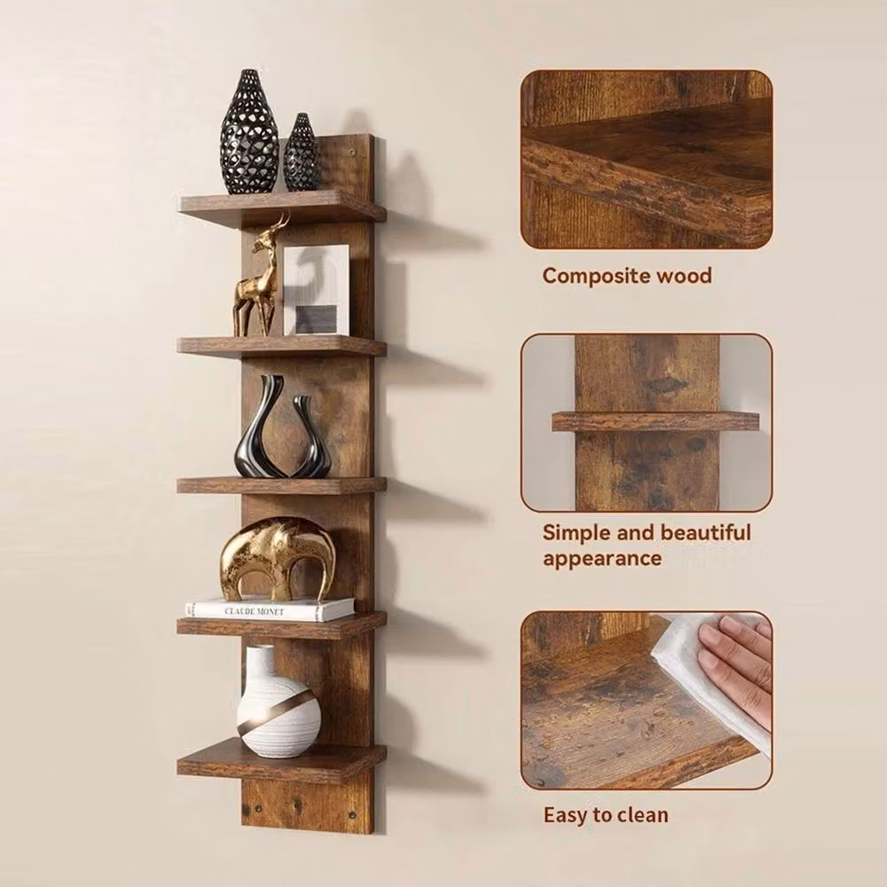 SPETLEK 5 Tier Rustic Brown Wall Mounted MDF Shelf with Back Panel – 2