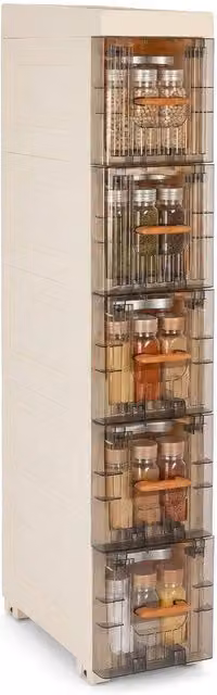 EONLION Slim Rolling Spice Rack Cabinet in White for Narrow Pantry Storage, W/D/H: 80 x 15 x 15 cm