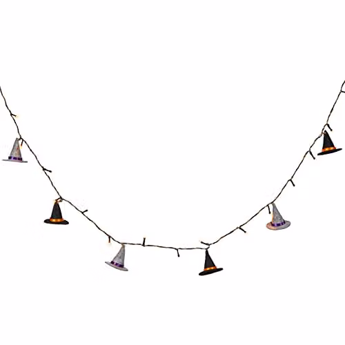 Lights4fun Felt Witches Hat Battery Operated LED Fairy String Lights for Halloween Decoration, Black and Grey, 1.8m – 2