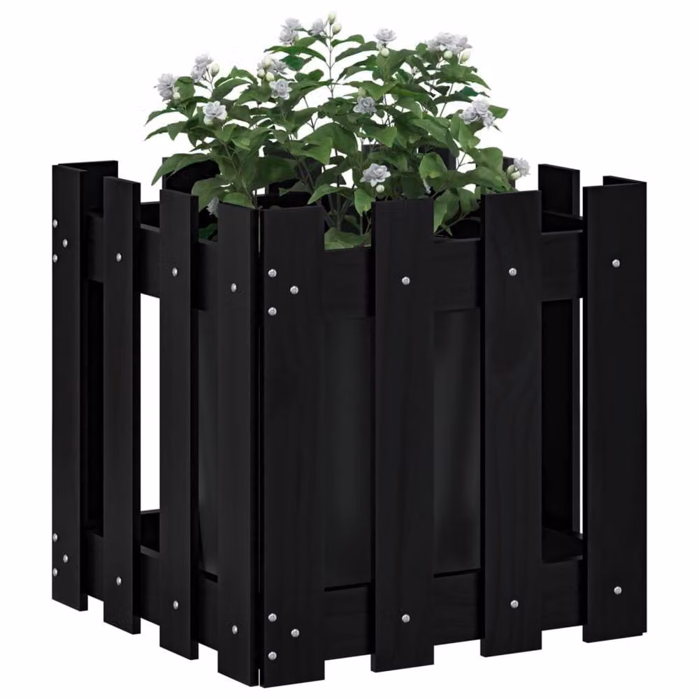 Berkfield Home Garden Planter with Fence Design in Black, Solid Wood and Plastic, W/D/H: 40 x 40 x 40 cm – 3