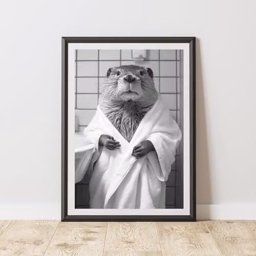 60 Second Makeover Beaver Bathrobe Animal Print Paper Poster, Black and White, W/H: 21.0 x 29.7 cm