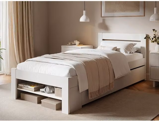 Noomi Pradis Single Storage Bed in White Lacquered Solid Pine W/D/H: 90 x 200 cm