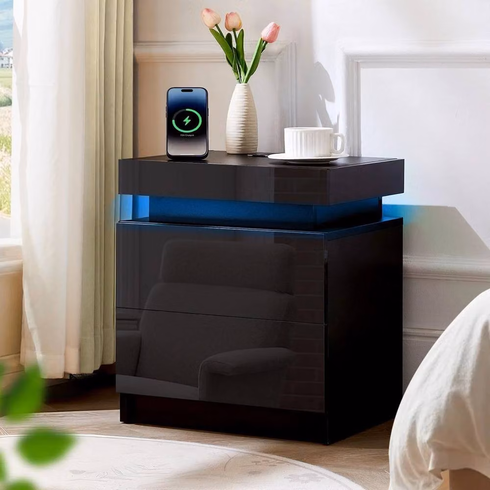 PAWNORA Modern Black Glossy Bedside Table with 2 Drawers and Integrated Lighting – 5