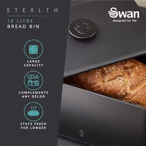 Swan Stealth Bread Bin in Black with 16L Capacity – 2