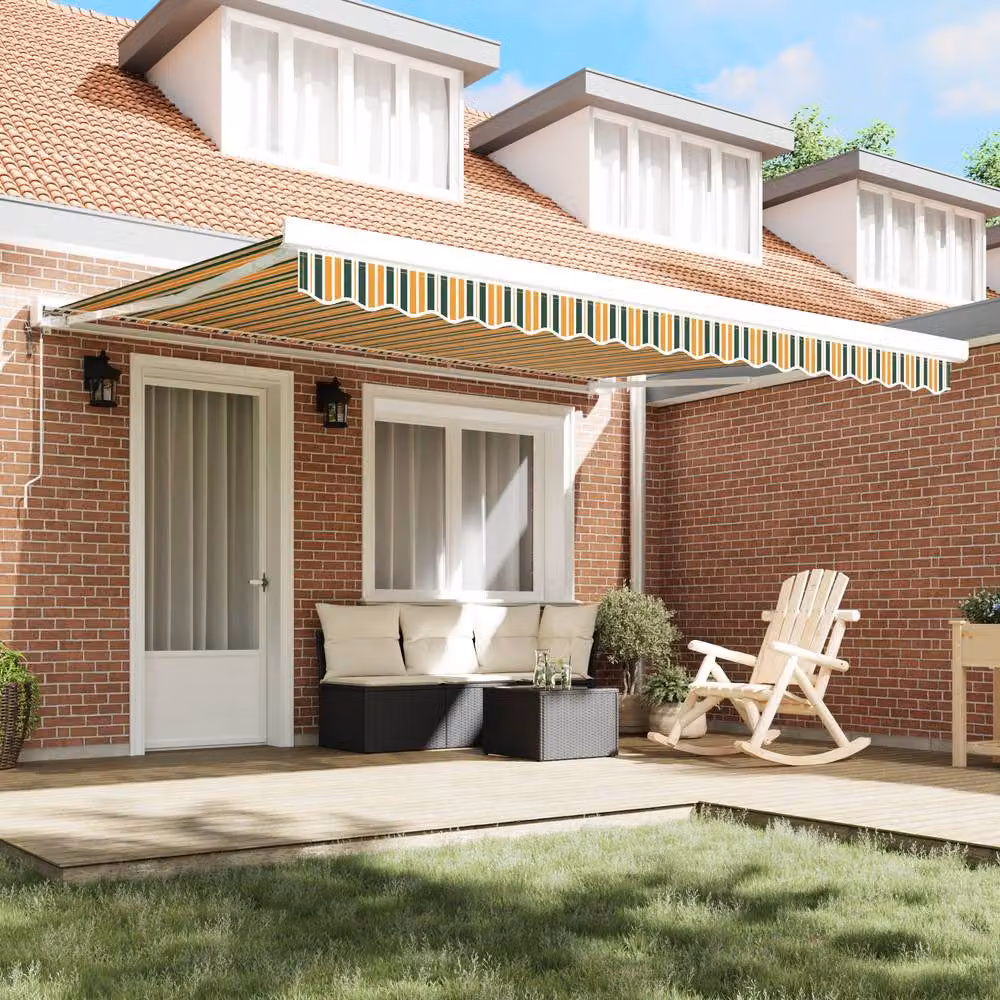 Berkfield Home Manual Retractable Wall-Mounted Awning in Green and White Striped Polyester, W: 400 cm, D: 350 cm – 2