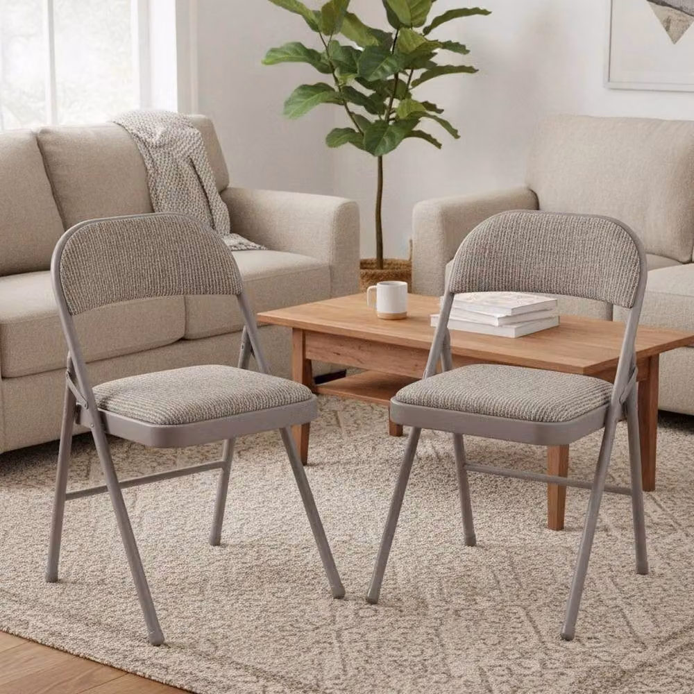VOGREX Set of 2 Grey and Beige Padded Folding Chairs with Metal Frame – 2