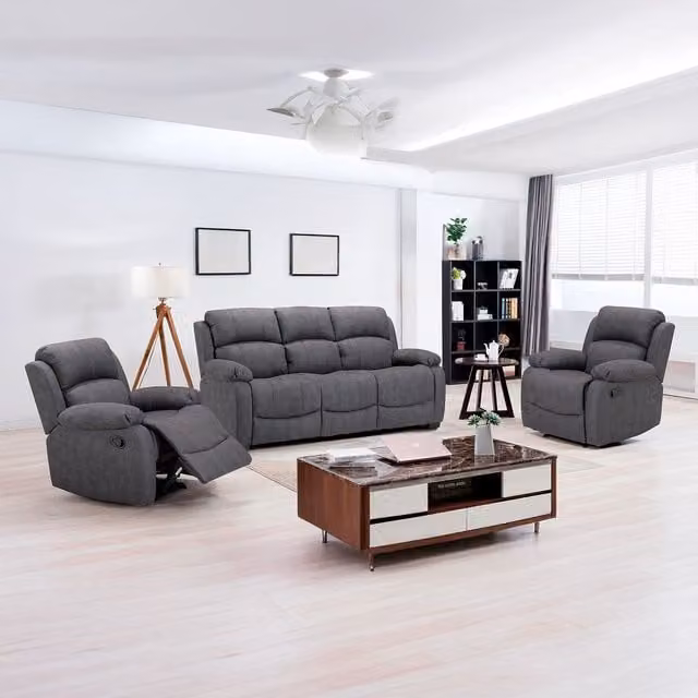 Furnishings For Less UK Alaska Grey Suede Fabric 3 Piece Sofa Suite with Two Manual Reclining Armchairs and One Static 3 Seater High Back Sofa