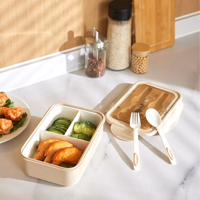 Lifeideas Insulated Rectangular Lunch Box with Dividers and Cutlery in Beige and Yellow