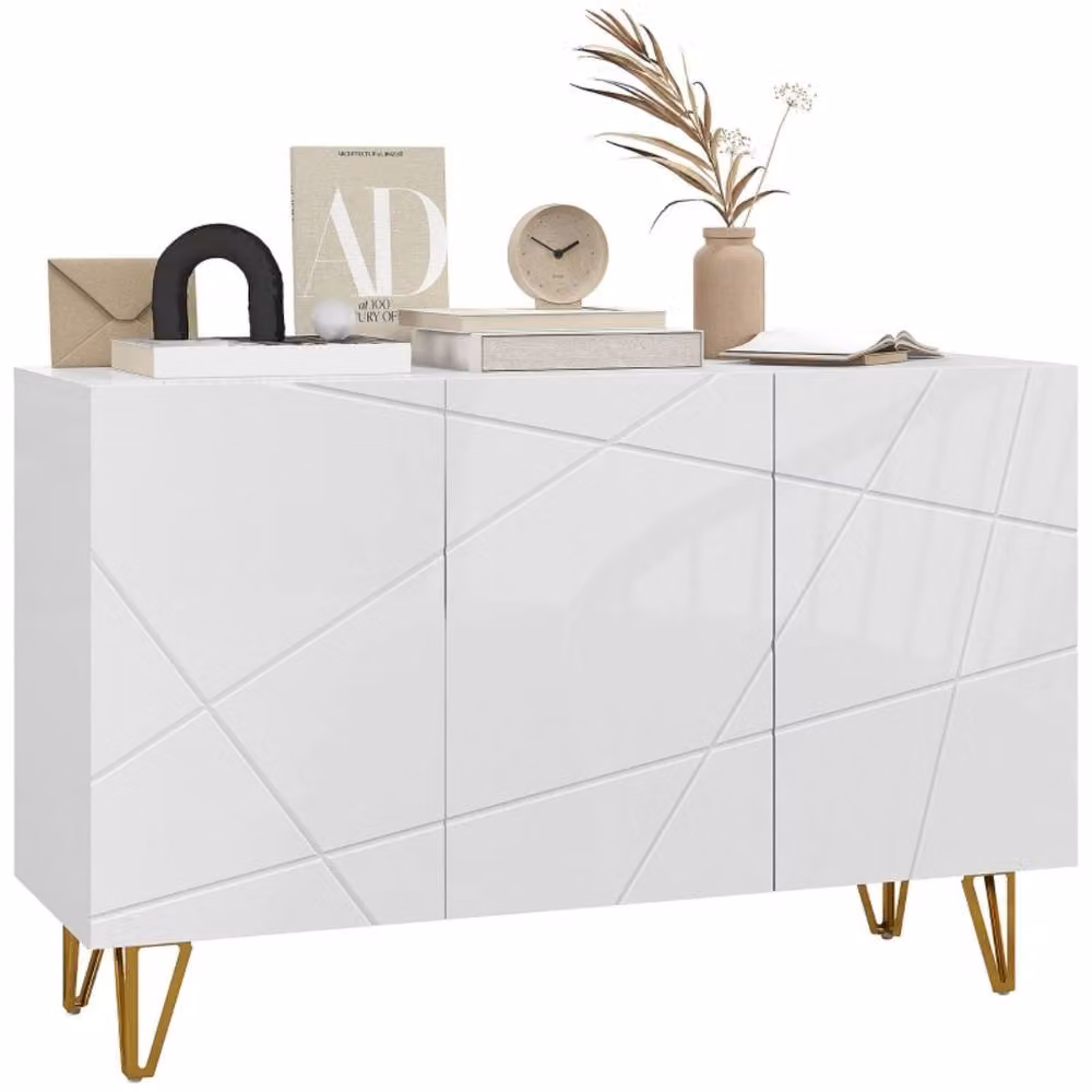 STILVORA Modern Glossy White Sideboard with Shelves and Gold Metal Legs – 3