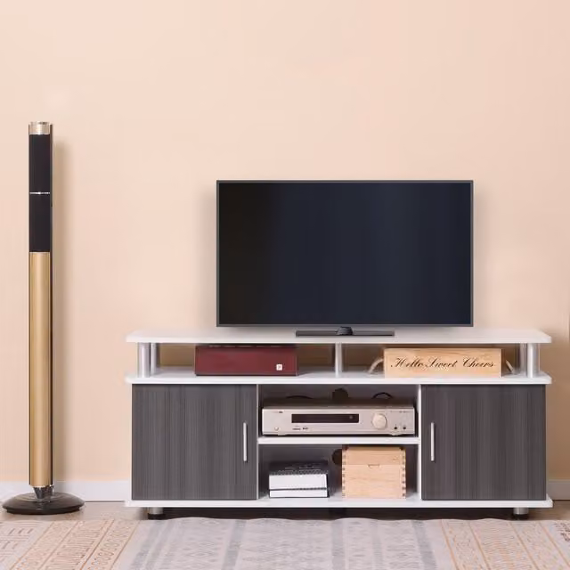 HOMCOM Modern White Matt TV Cabinet Stand and Media Console Storage Unit – 1