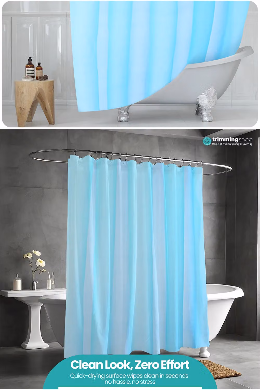 Neel Blue PEVA Shower Curtain in Blue with 12 Hooks, Waterproof and Mould Resistant, W/D/H: 180 x 180 x 0 cm – 2