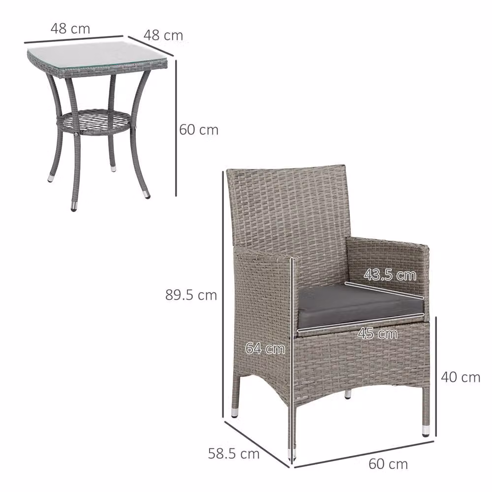 Matteo Grey Rattan Effect 2-Seat Bistro Set with Glass Top Table – 2