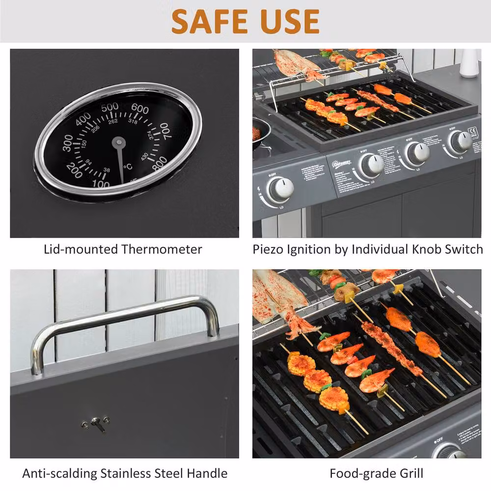 Rolipo 3+1 Burner Gas BBQ Grill Trolley with Cabinet and Side Burner in Grey – 6