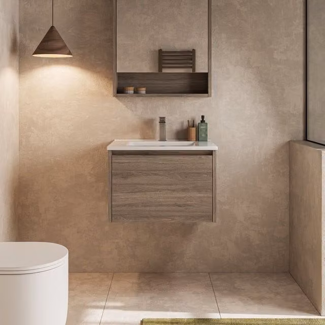 Banyetti Mino 600mm Wall Hung Vanity with Lira Basin in Nebraska Oak Brown – 1