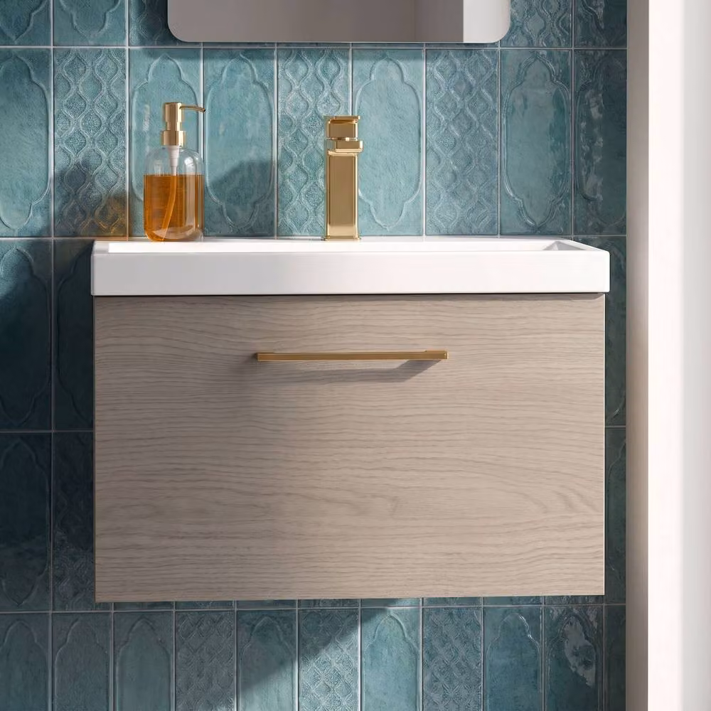 Balterley Mid Oak Wall Hung 1 Drawer Vanity Basin Unit with Bronze Handle in Brown – 5