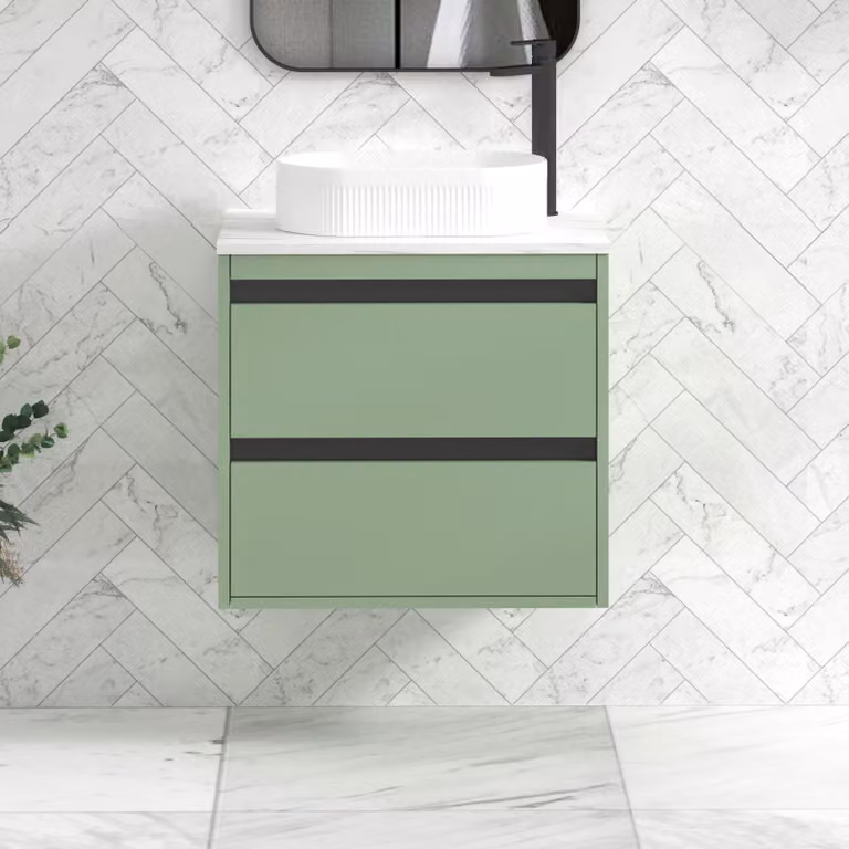 Royal Bathrooms Orion 600mm Mint Sage Wall Hung 2 Drawer Vanity Unit with Lyon Basin and Black Accent Trim