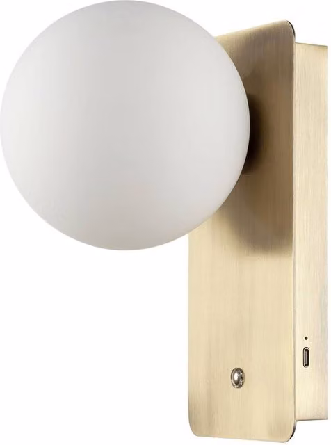 Happy Homewares Antique Brass Rechargeable LED Wall Light with White Opal Globe Glass Shade in Metallic Gold