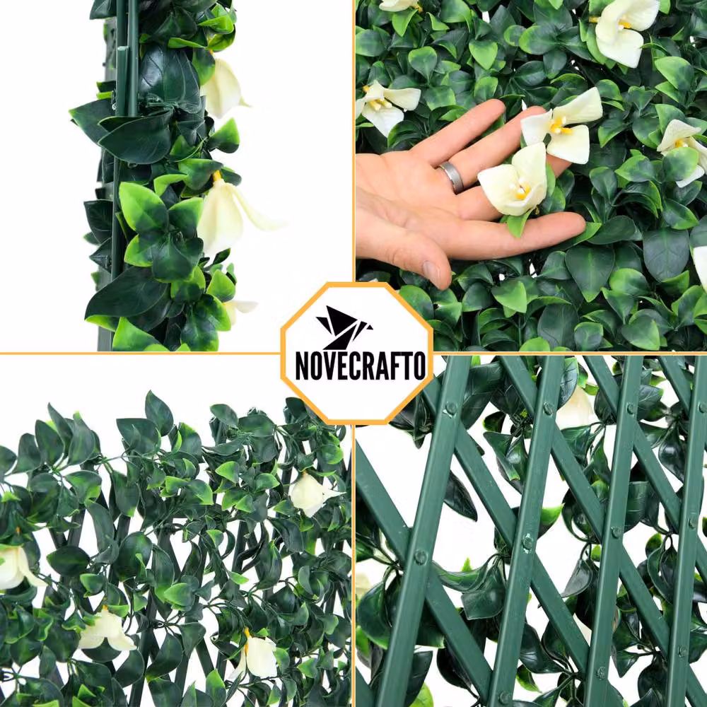 Novecrafto Expanding Artificial Hedge Privacy Trellis with Leaves and Flowers in White, Green and Purple, W: 282 cm, H: 30 cm – 10