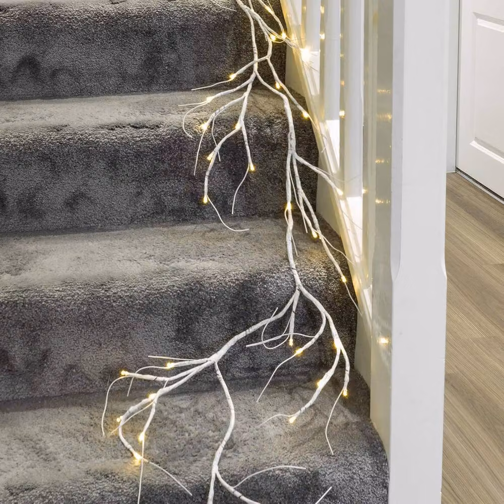 Globrite 6ft Birch Christmas Garland with 48 LED Lights, Battery Operated, White – 7