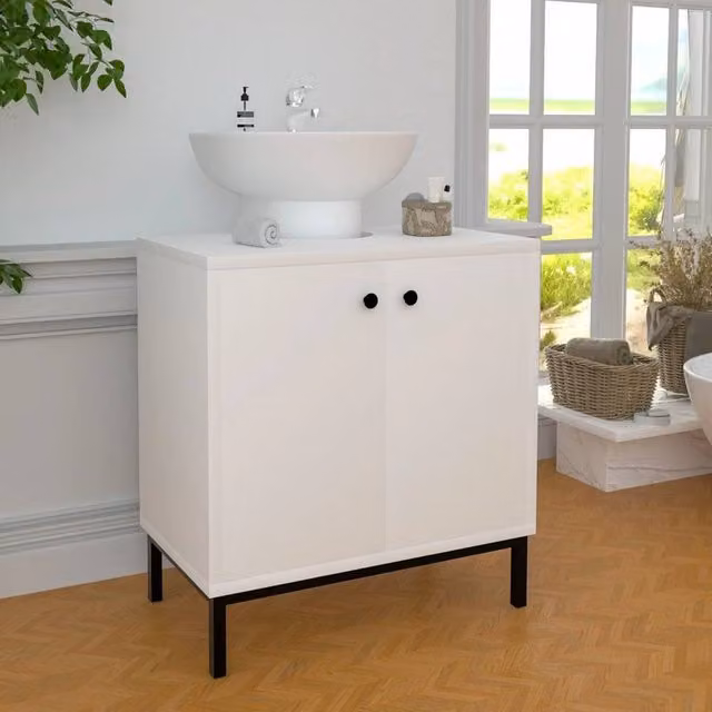 SPETLEK High Gloss White Freestanding Bathroom Sink Cabinet with Hinged Doors and Internal Shelves