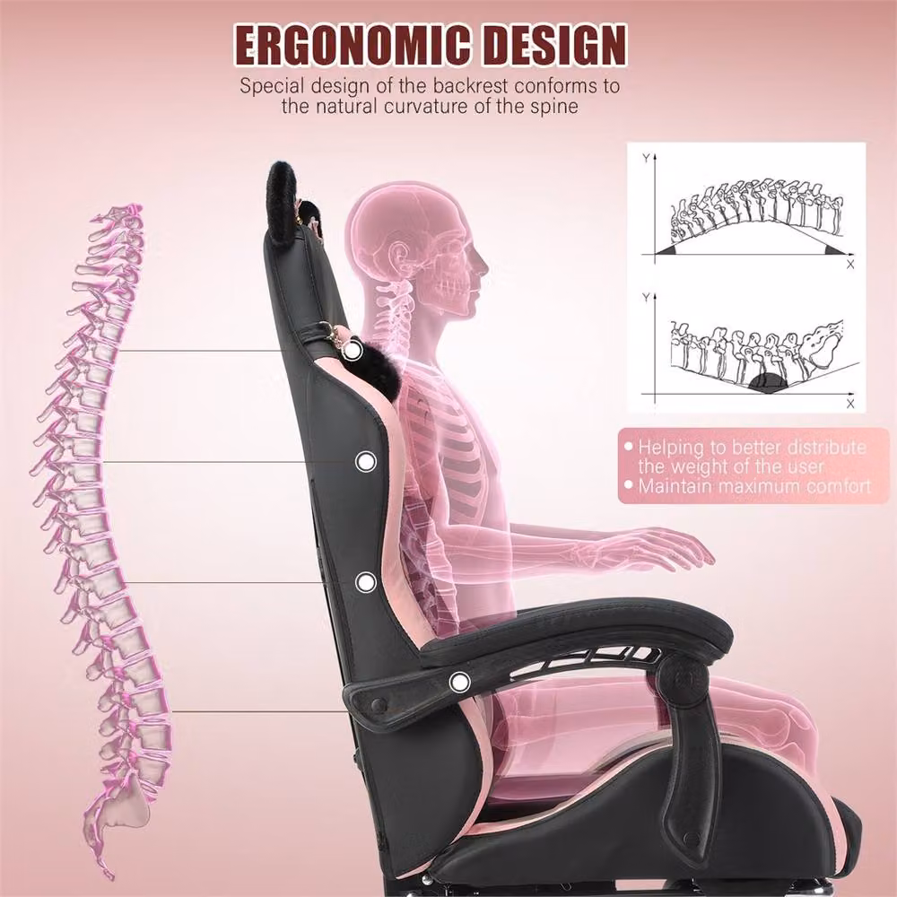 NESTLUNE Pink and Black Gaming Chair with Cat Ears, Height Adjustable Synthetic Leather Chair with Headrest and Armrests, W/D/H: 100 x 100 x 100 cm – 3