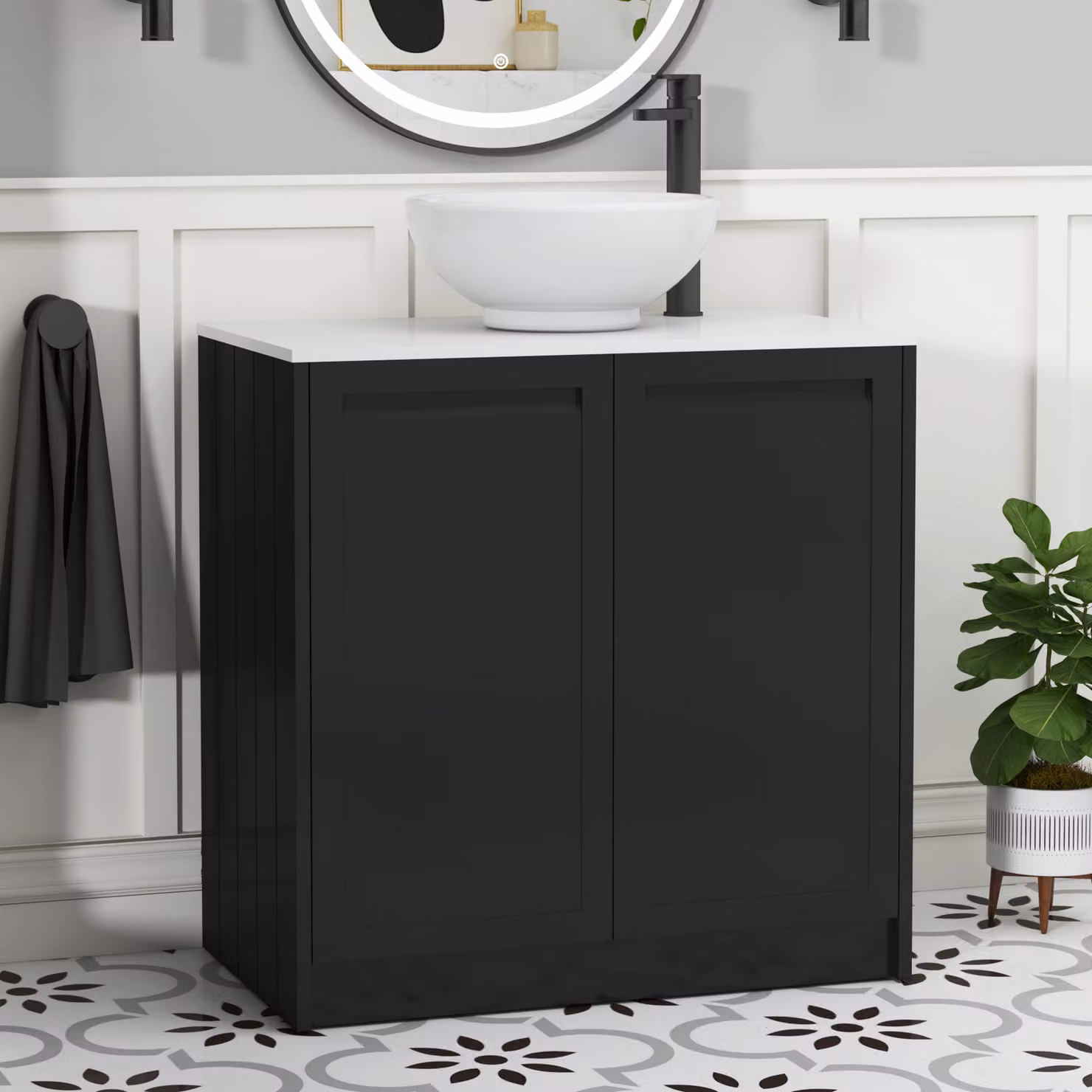 Royal Bathrooms Elmore 800mm Floor Standing 2 Door Vanity Unit in Matt Nocturne Black with Plain White Worktop and Breeze Basin