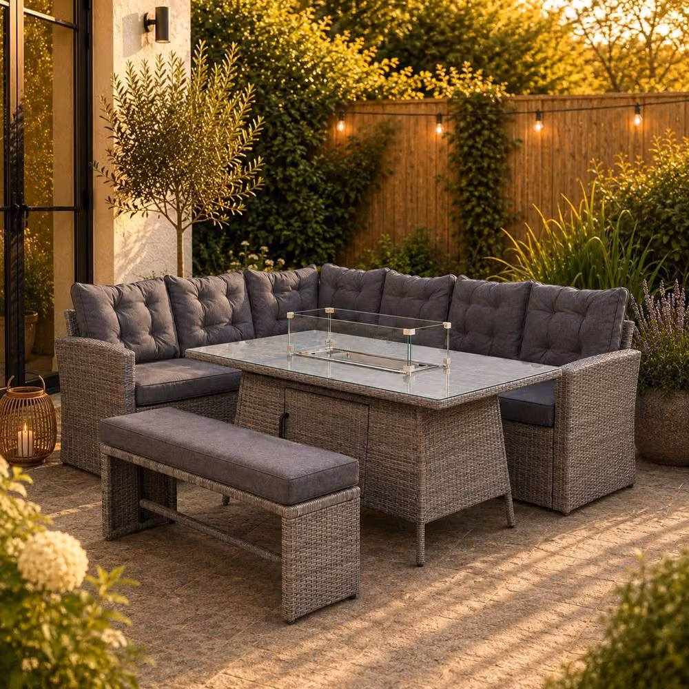 Artemis Home Piana 9 Seat Rattan Corner Sofa Set with Firepit Table and Bench in Grey – 2