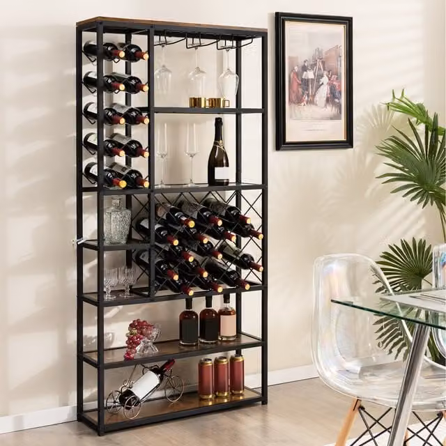 Costway Industrial Freestanding Floor Wine Rack in Rustic Brown