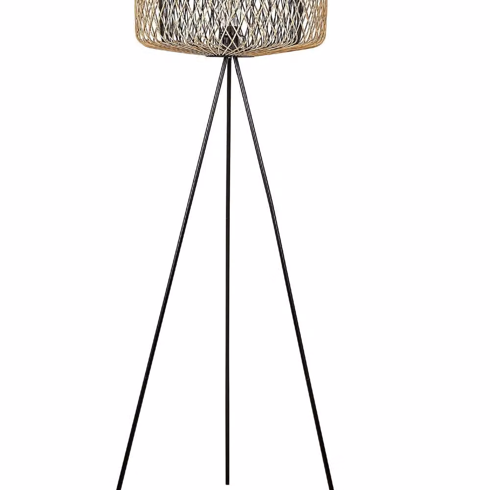 Wyld and Coco Tripod Floor Lamp with Woven Bamboo Shade and Black Metal Base, Height: 120 cm – 2