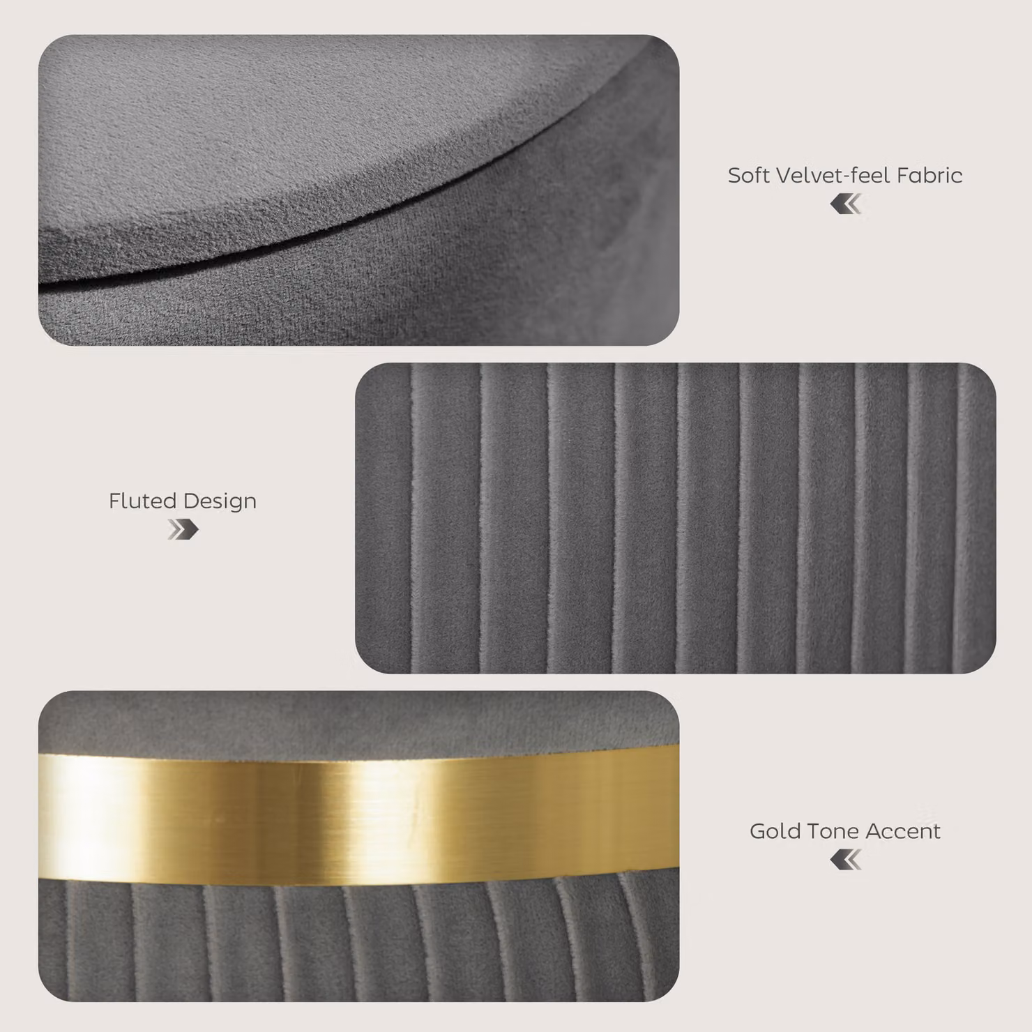 HOMCOM Grey Velvet Round Ottoman Stool with Hidden Storage Compartment and Gold Accents – 4