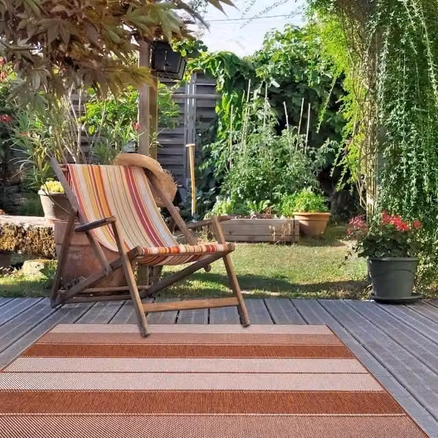 THE RUGS Reversible Duo Weave Outdoor Rug in Tonal Stripes Design, Burnt Orange, W: 120 cm, L: 170 cm