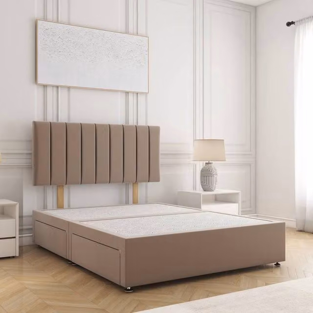 BSSPOKE Aria Super King Divan Bed with 2 Drawers and 24 inch Headboard in Taupe Plush Velvet