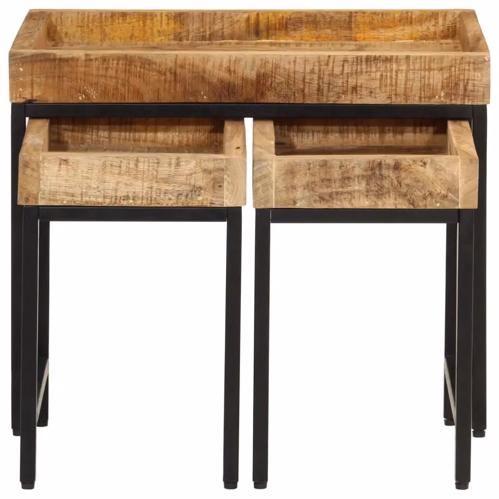 Berkfield Home Set of 3 Nesting Coffee Tables in Brown Solid Rough Mango Wood and Iron – 3