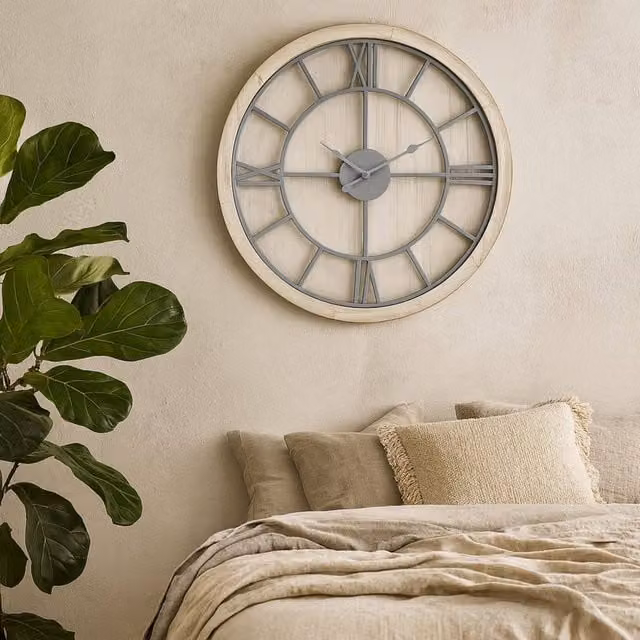 Wyld Haus Round Rustic Skeleton Wall Clock in White and Grey